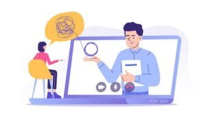 Online psychotherapy concept. Male psychotherapist helping patient by video call. Woman talking to psychologist. Psychological counseling services. Therapy session. Isolated modern vector illustration